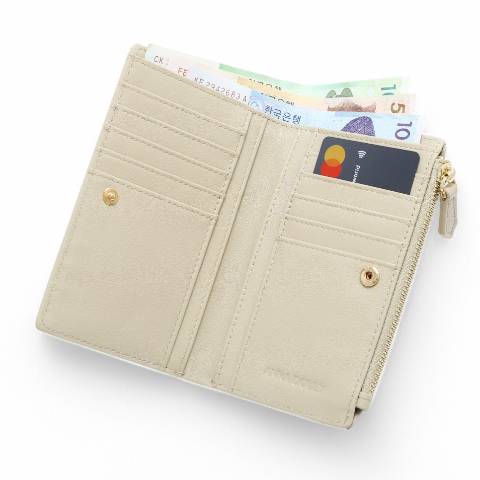 ANNA DOLLY 質感真皮大容量多卡位中夾 米白色
