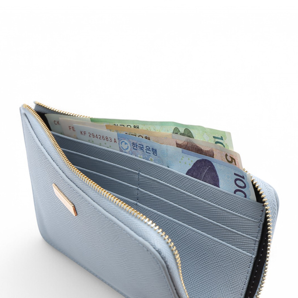 ANNA DOLLY 質感真皮大容量拉鍊長夾 粉藍色