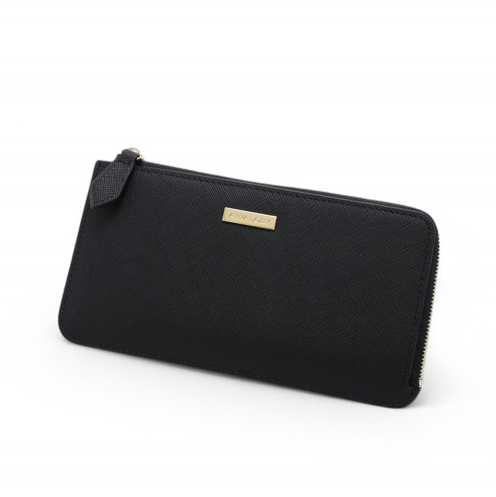 ANNA DOLLY 質感真皮大容量拉鍊長夾 黑色