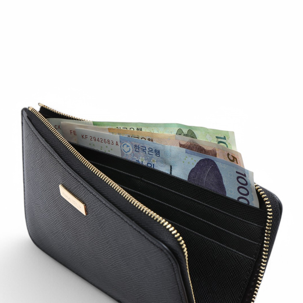 ANNA DOLLY 質感真皮大容量拉鍊長夾 黑色