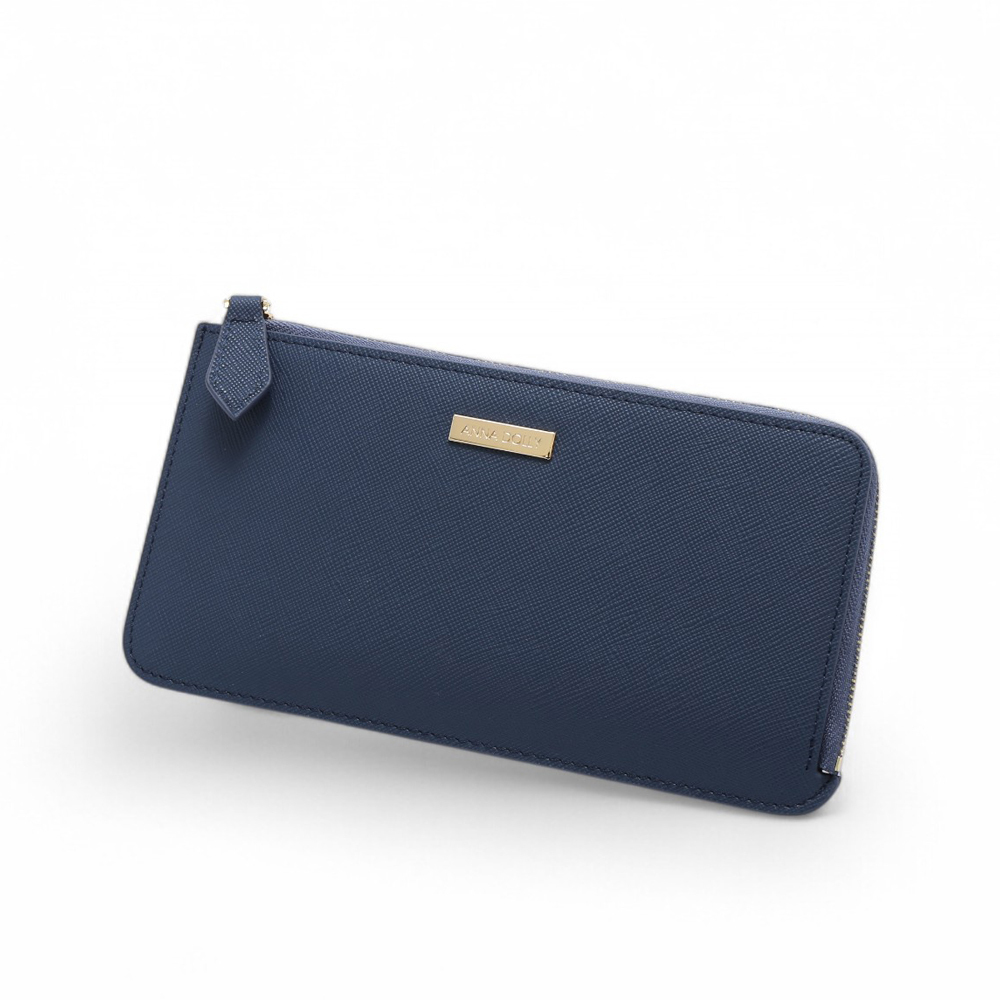 ANNA DOLLY 質感真皮大容量拉鍊長夾 寶藍色