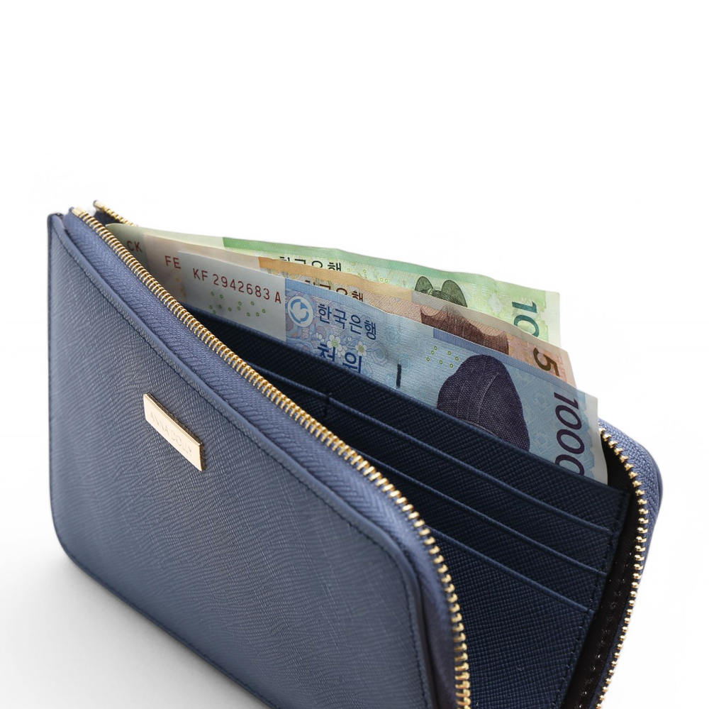 ANNA DOLLY 質感真皮大容量拉鍊長夾 寶藍色