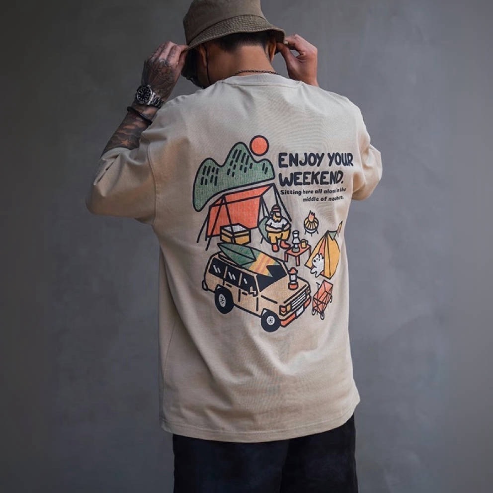 卡通露營風印花純棉短袖T恤