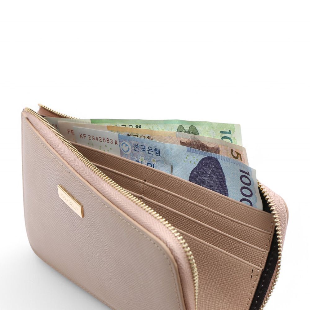 ANNA DOLLY 質感真皮大容量拉鍊長夾 杏色