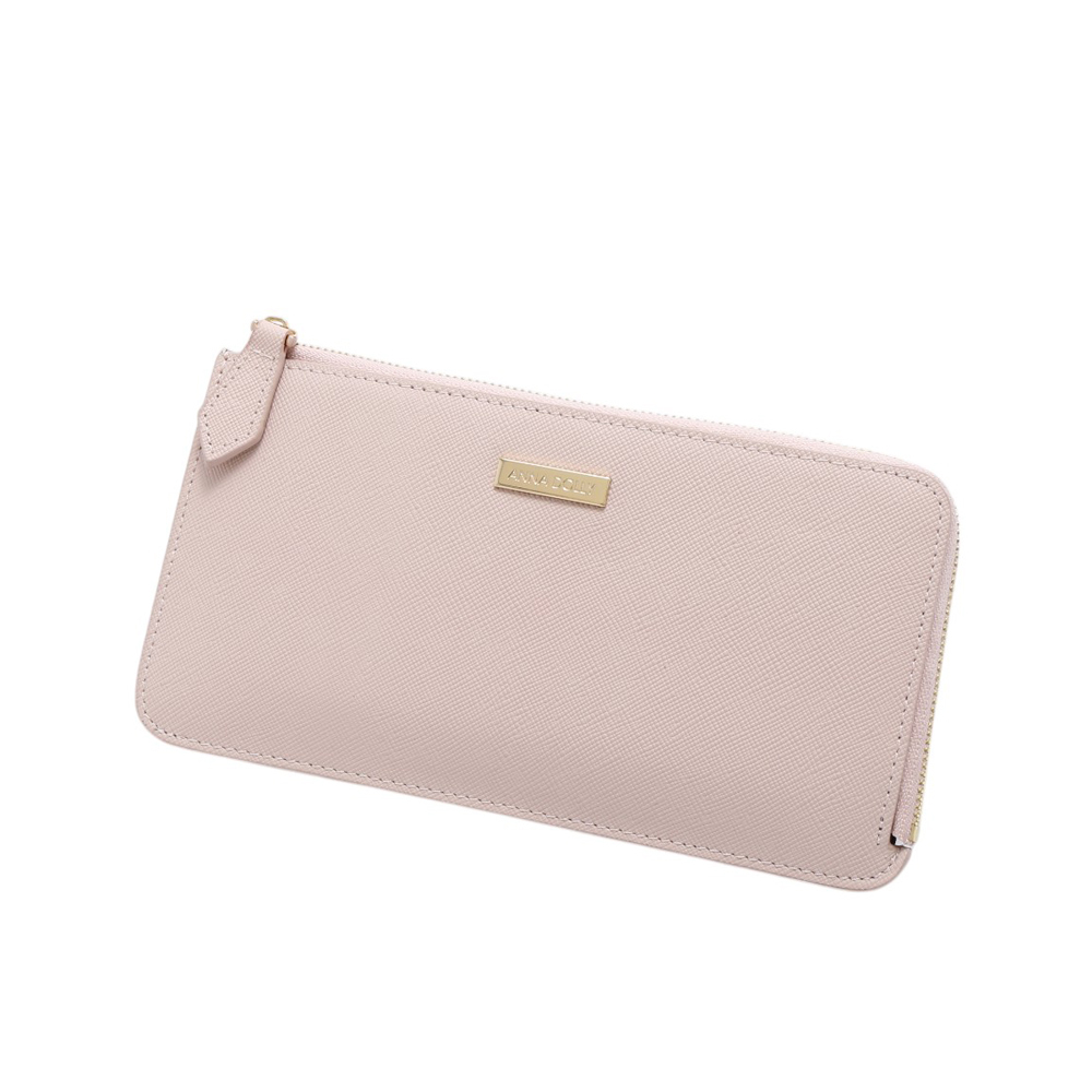 ANNA DOLLY 質感真皮大容量拉鍊長夾 粉紅色