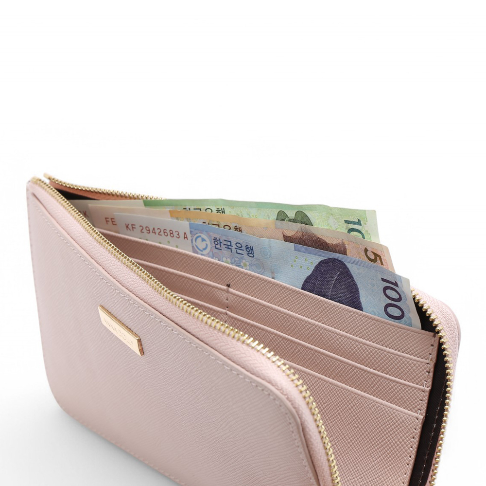 ANNA DOLLY 質感真皮大容量拉鍊長夾 粉紅色