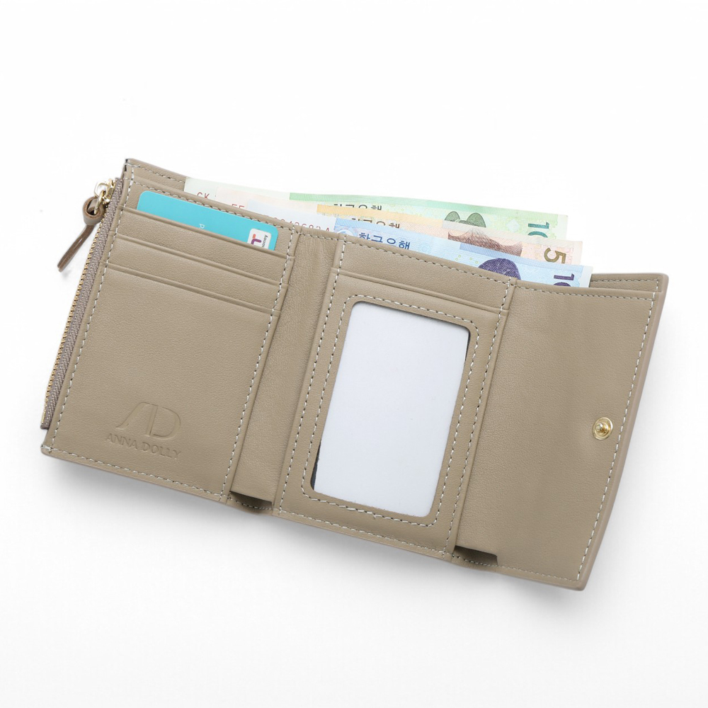 ANNA DOLLY 質感真皮多卡翻蓋三折短夾 灰色