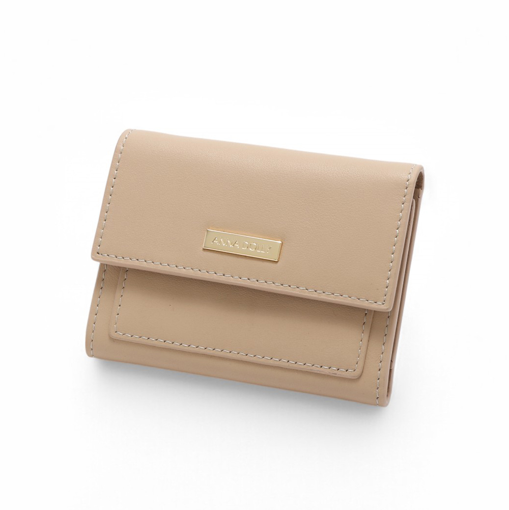 ANNA DOLLY 質感真皮多卡翻蓋三折短夾 杏色