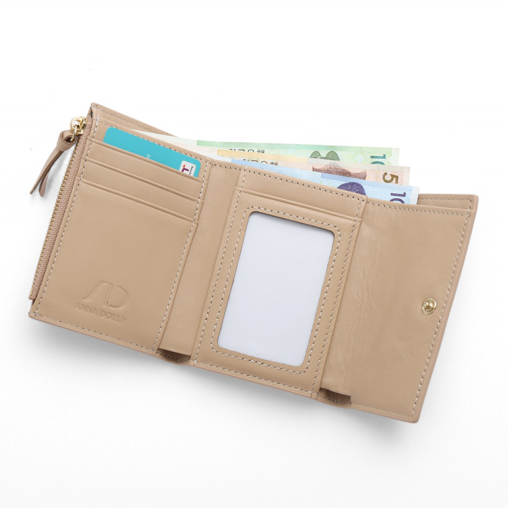ANNA DOLLY 質感真皮多卡翻蓋三折短夾 杏色