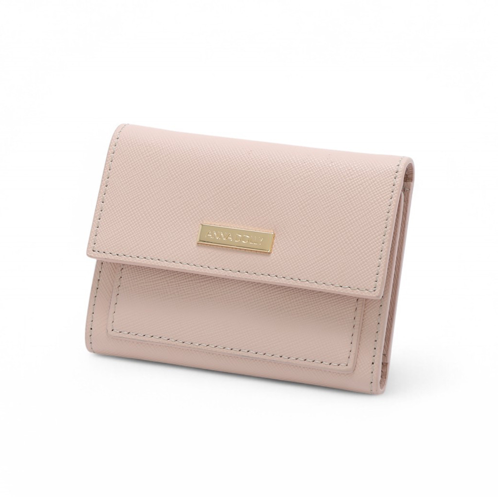 ANNA DOLLY 質感真皮多卡翻蓋三折短夾 粉紅色