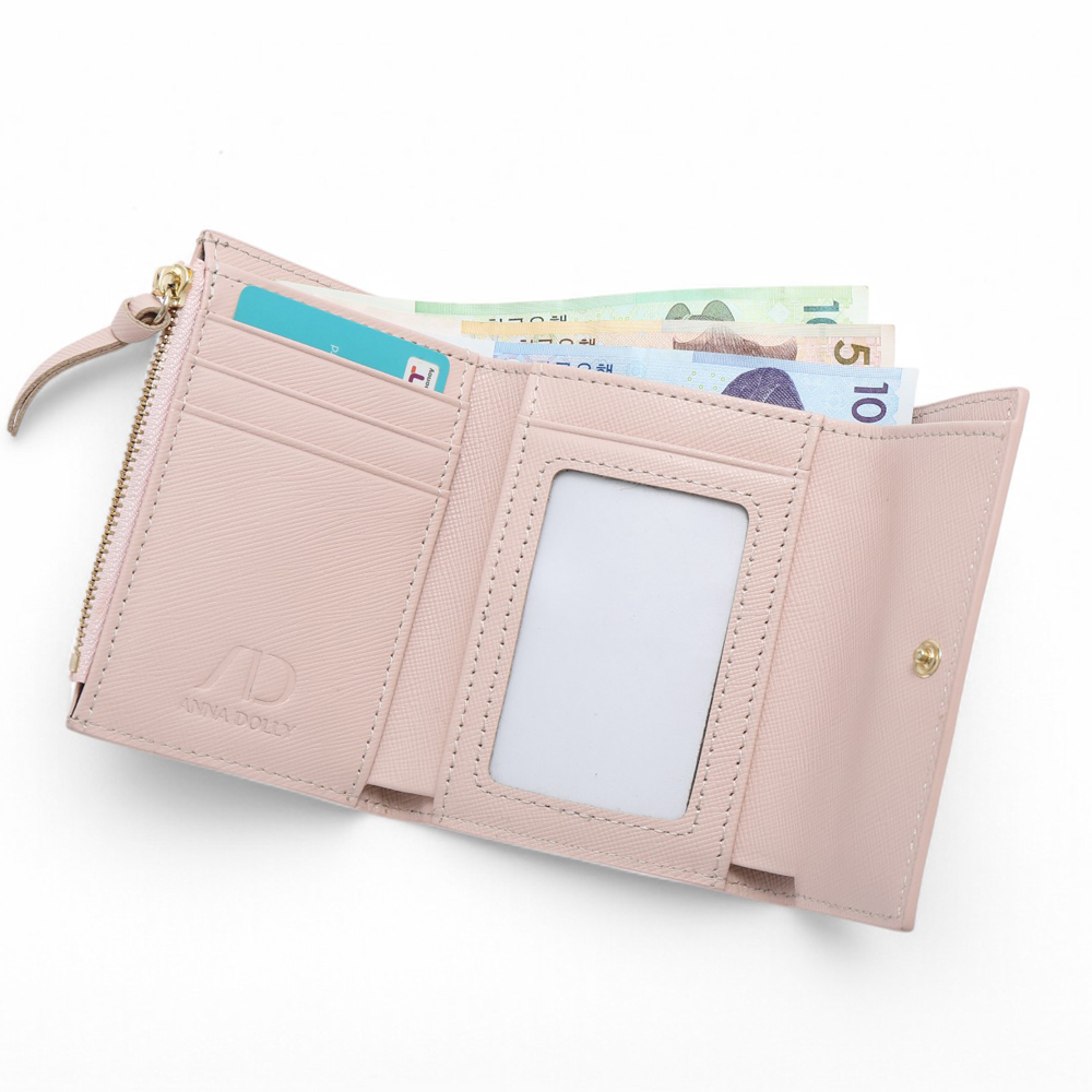 ANNA DOLLY 質感真皮多卡翻蓋三折短夾 粉紅色