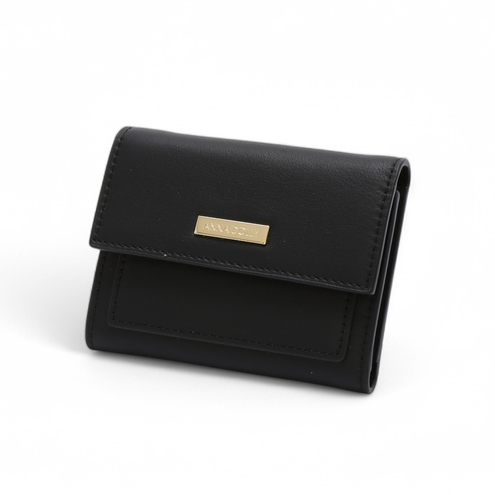 ANNA DOLLY 質感真皮多卡翻蓋三折短夾 黑色