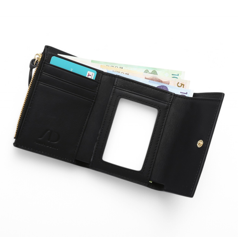 ANNA DOLLY 質感真皮多卡翻蓋三折短夾 黑色