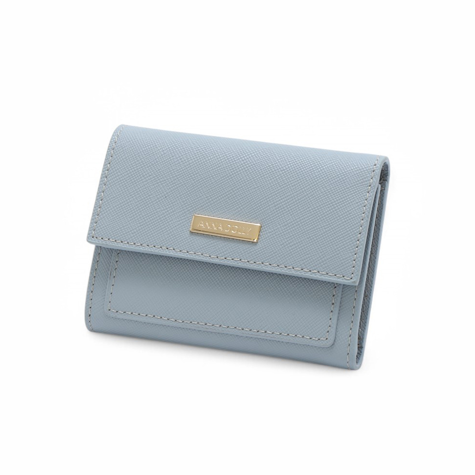 ANNA DOLLY 質感真皮多卡翻蓋三折短夾 粉藍色