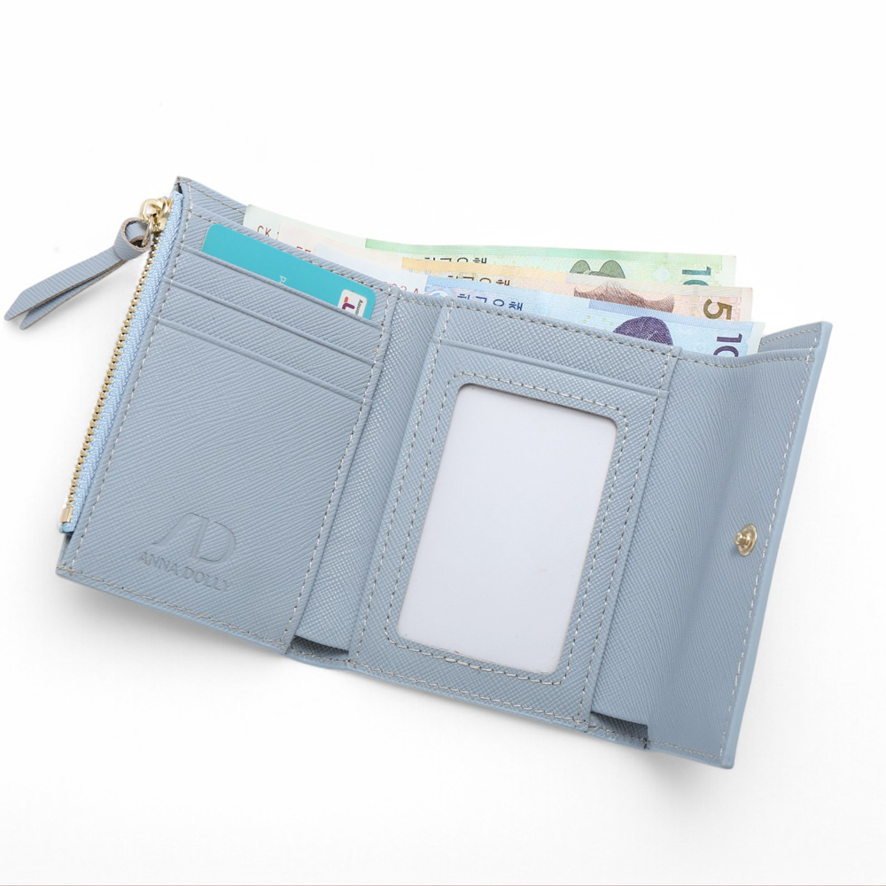 ANNA DOLLY 質感真皮多卡翻蓋三折短夾 粉藍色