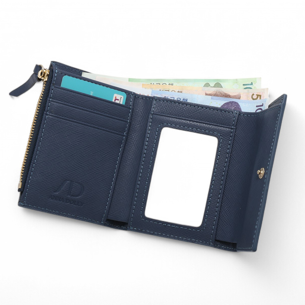 ANNA DOLLY 質感真皮多卡翻蓋三折短夾 藍色