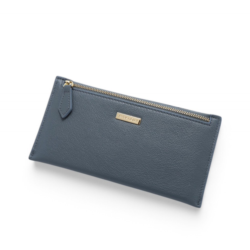 ANNA DOLLY 質感真皮拉鍊軟長夾 灰藍