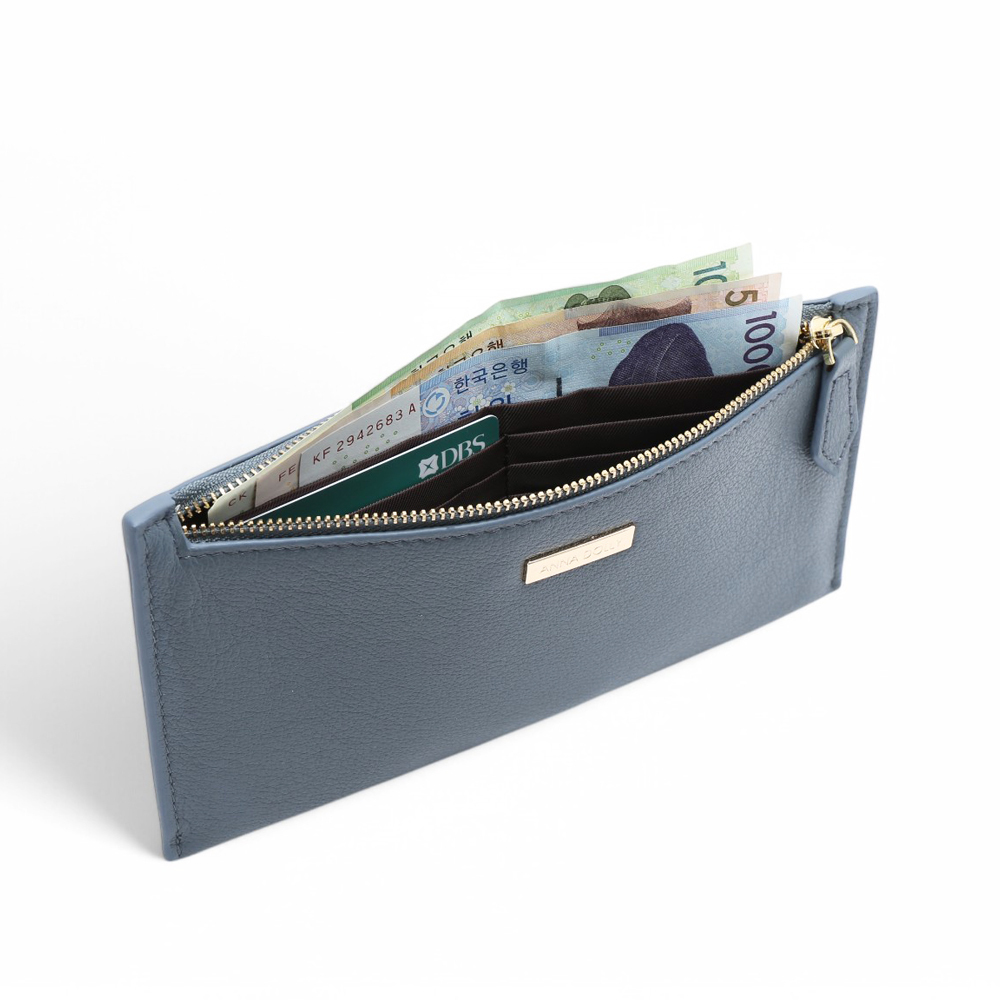 ANNA DOLLY 質感真皮拉鍊軟長夾 灰藍