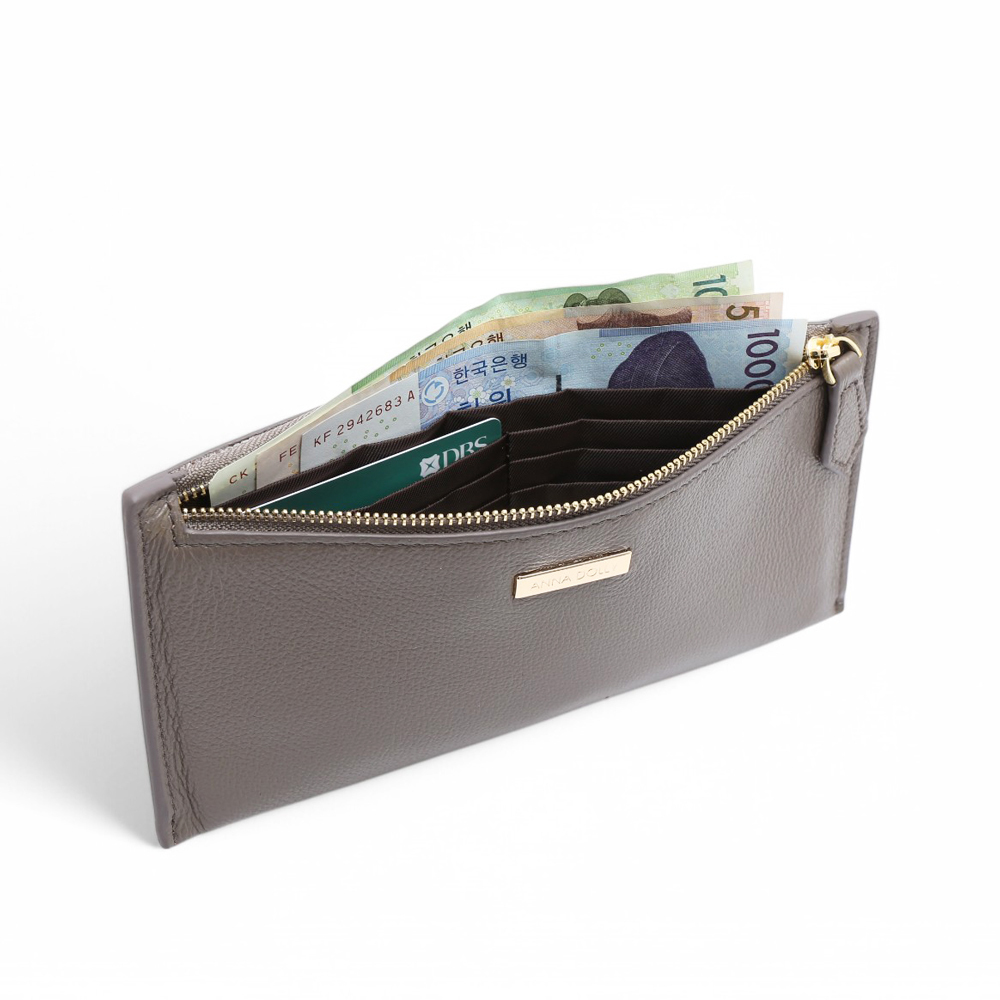 ANNA DOLLY 質感真皮拉鍊軟長夾 深灰色