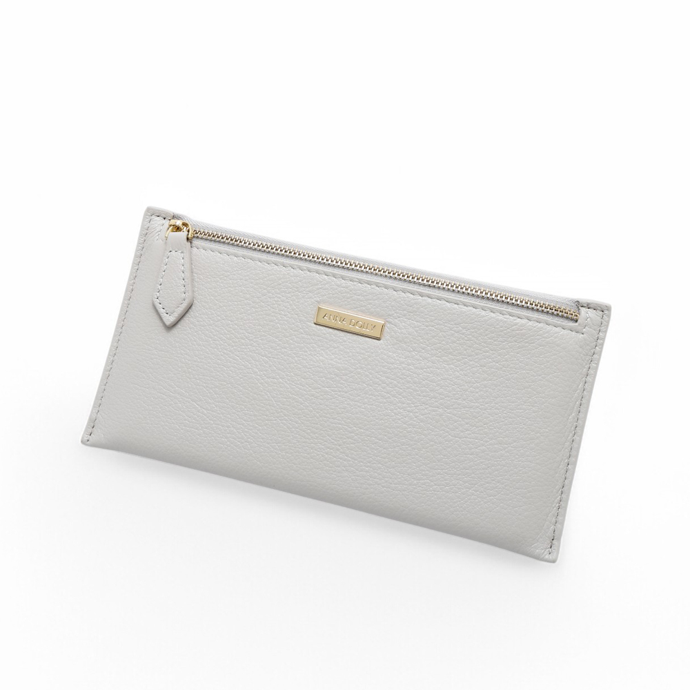 ANNA DOLLY 質感真皮拉鍊軟長夾 白色