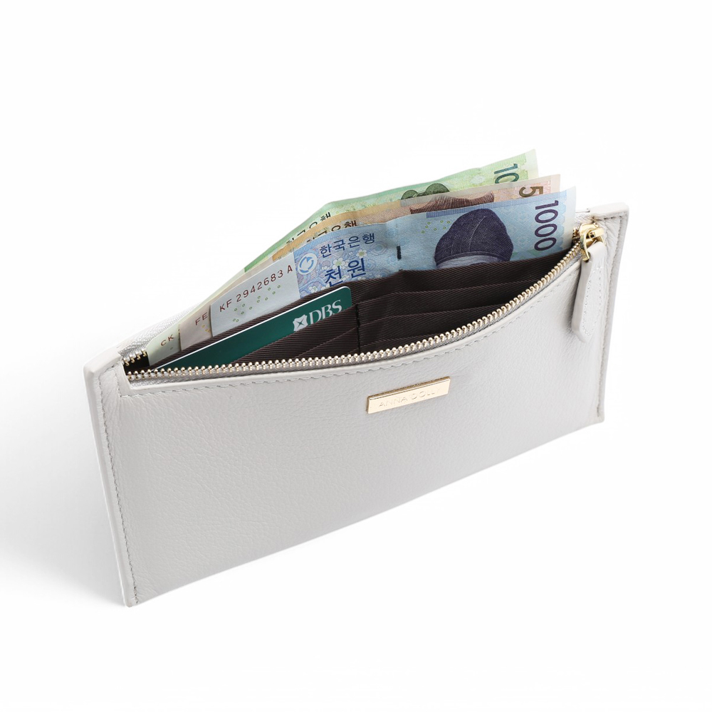 ANNA DOLLY 質感真皮拉鍊軟長夾 白色