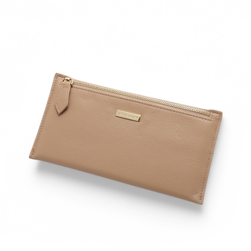 ANNA DOLLY 質感真皮拉鍊軟長夾 杏色