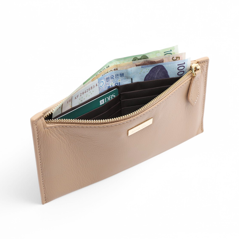 ANNA DOLLY 質感真皮拉鍊軟長夾 杏色