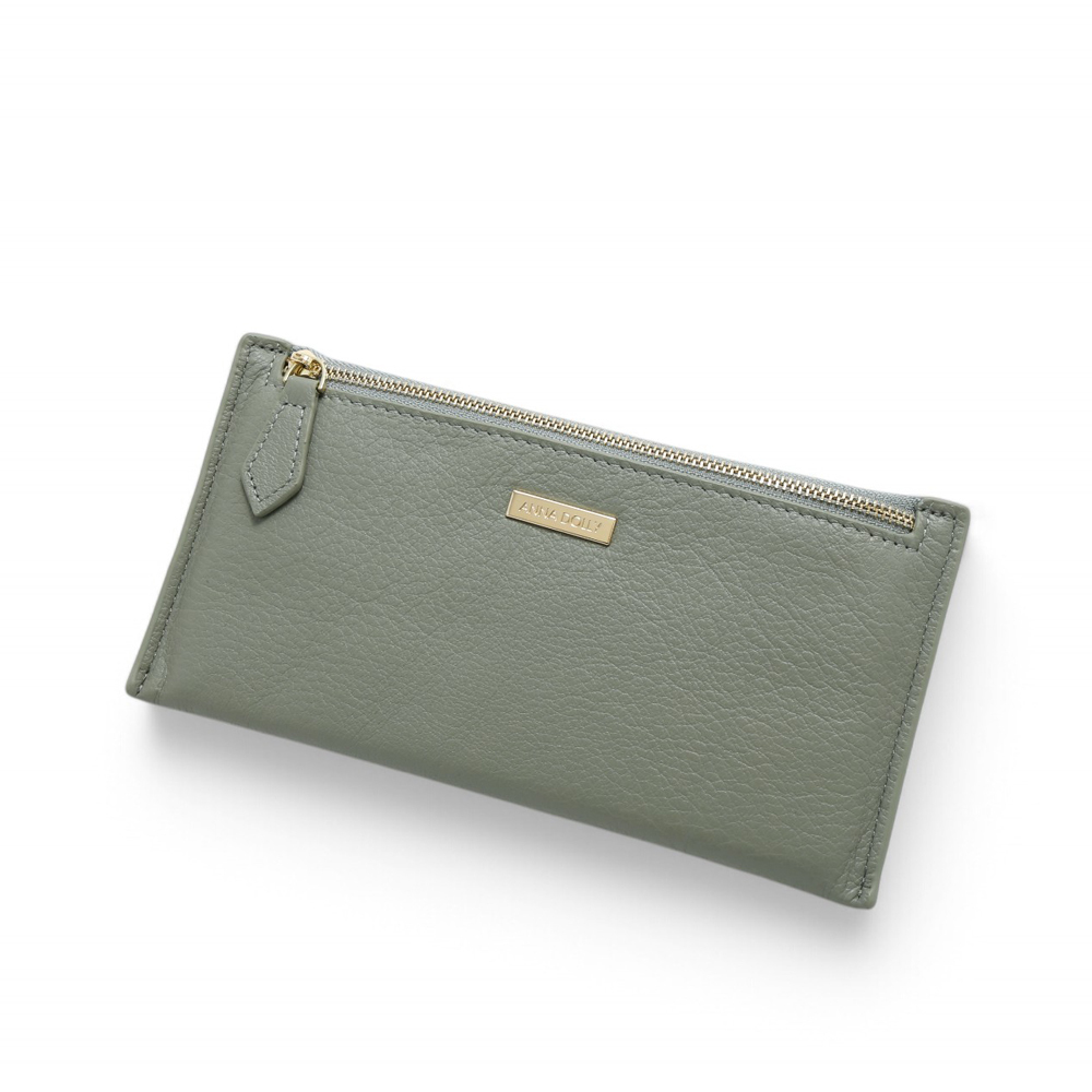 ANNA DOLLY 質感真皮拉鍊軟長夾  綠色