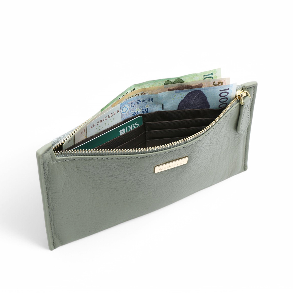 ANNA DOLLY 質感真皮拉鍊軟長夾  綠色