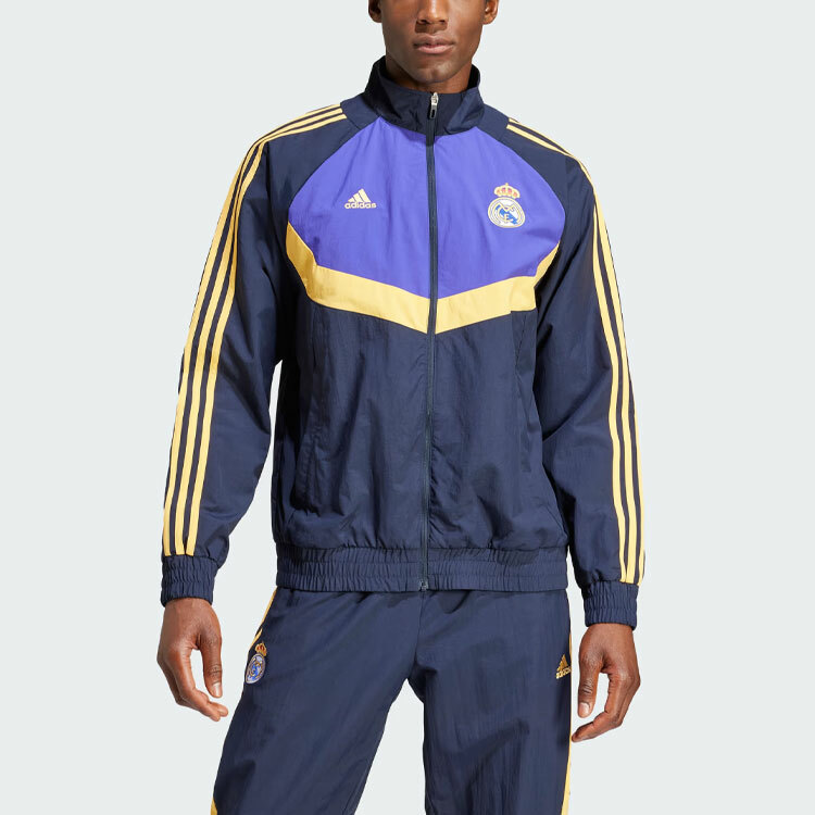 【代購】Adidas Real Madrid Woven Track Top Retro Sports Stand Collar Jackets Men's Ink Blue