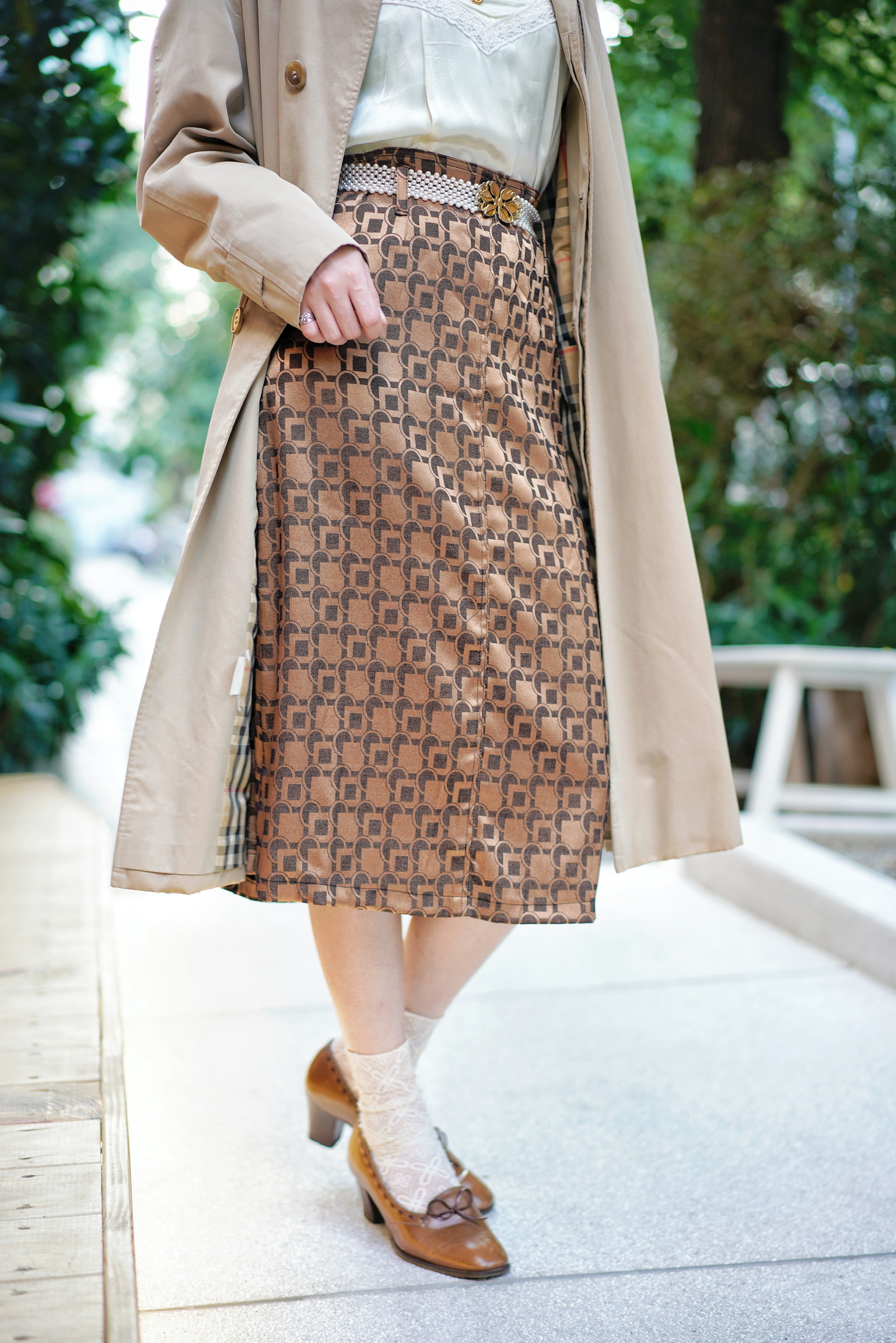 Vintage Skirt/古著緞面棕色窄版半裙