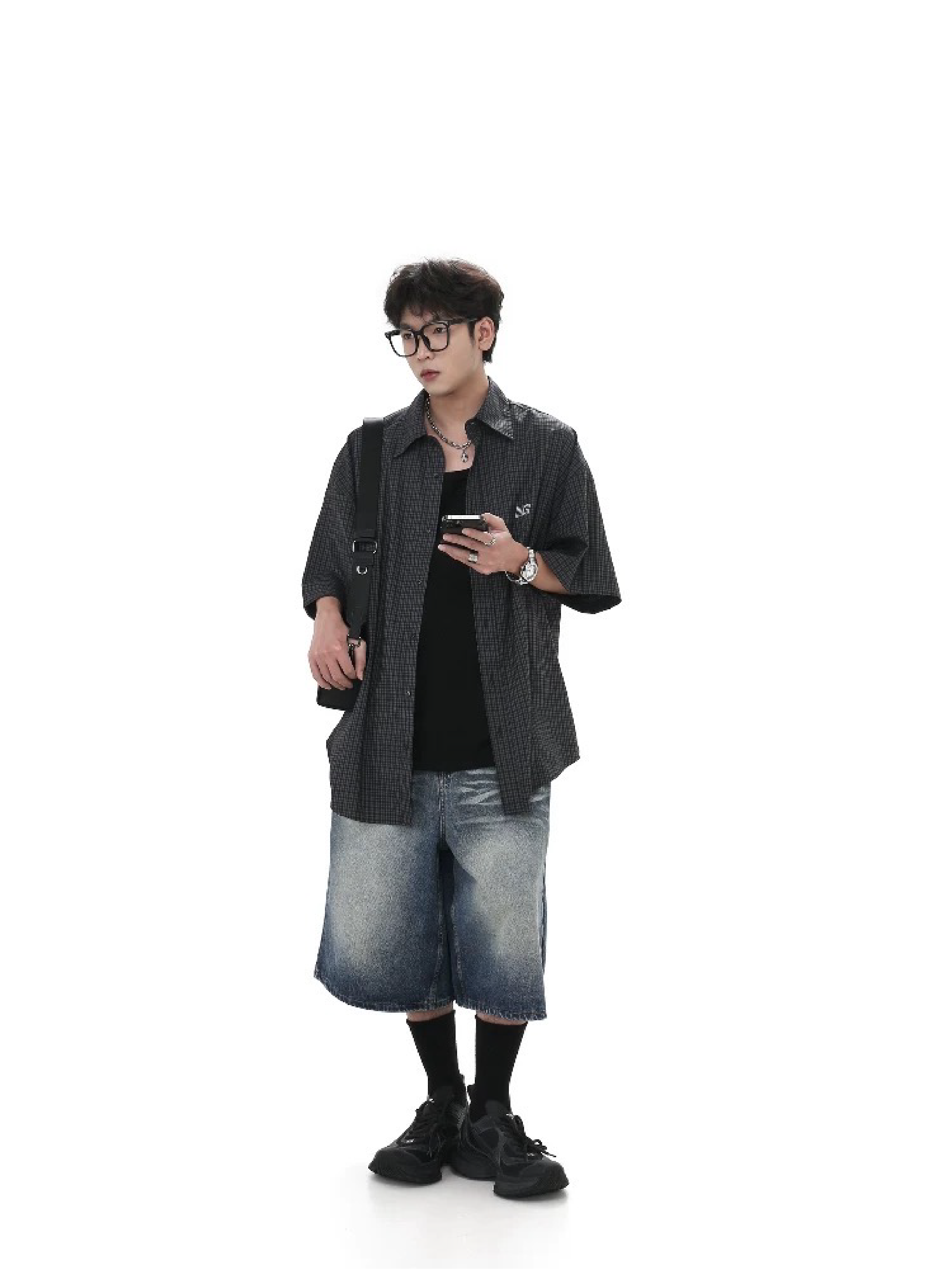 SIMPLEACTION 刺繡格子短袖襯衫