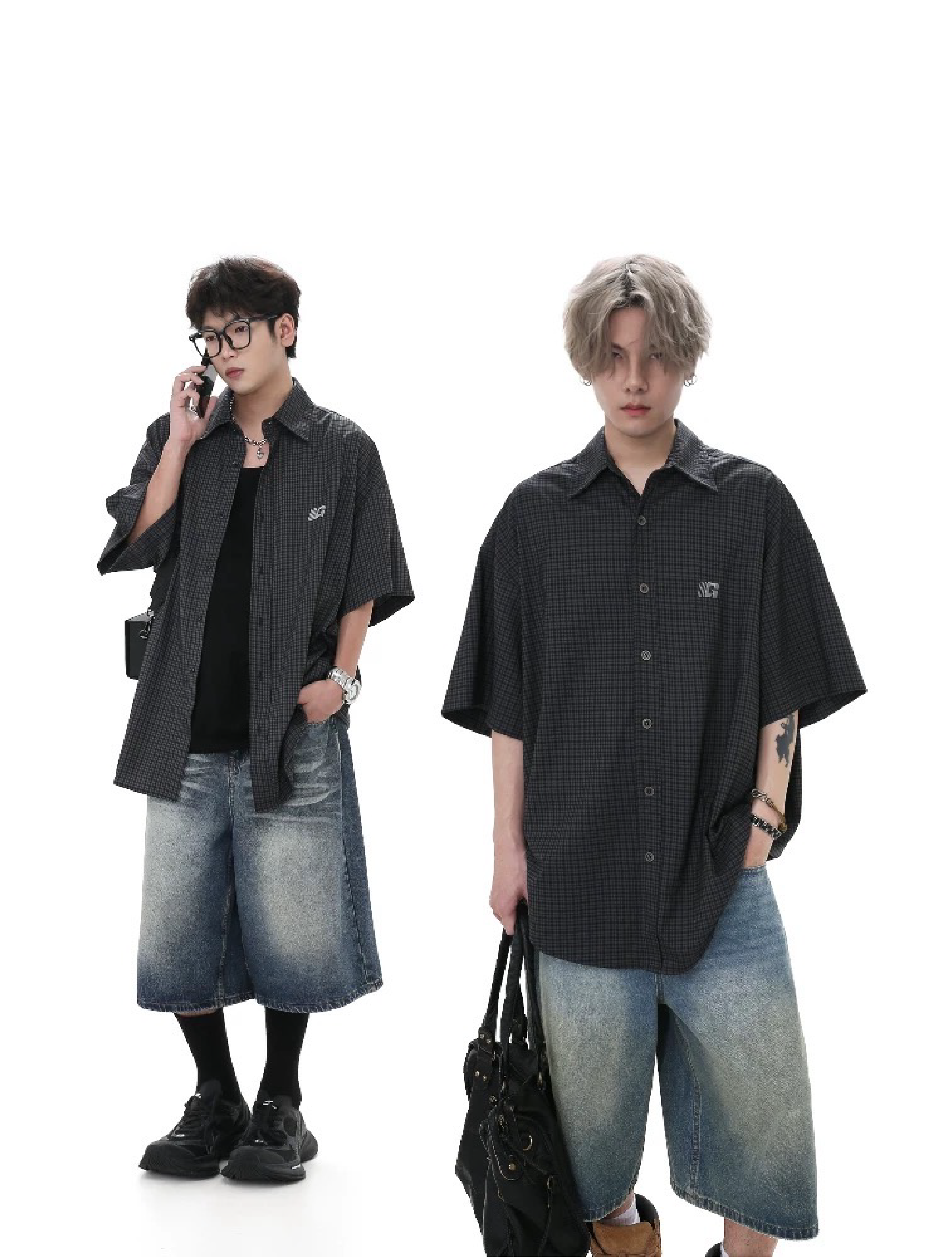 SIMPLEACTION 刺繡格子短袖襯衫