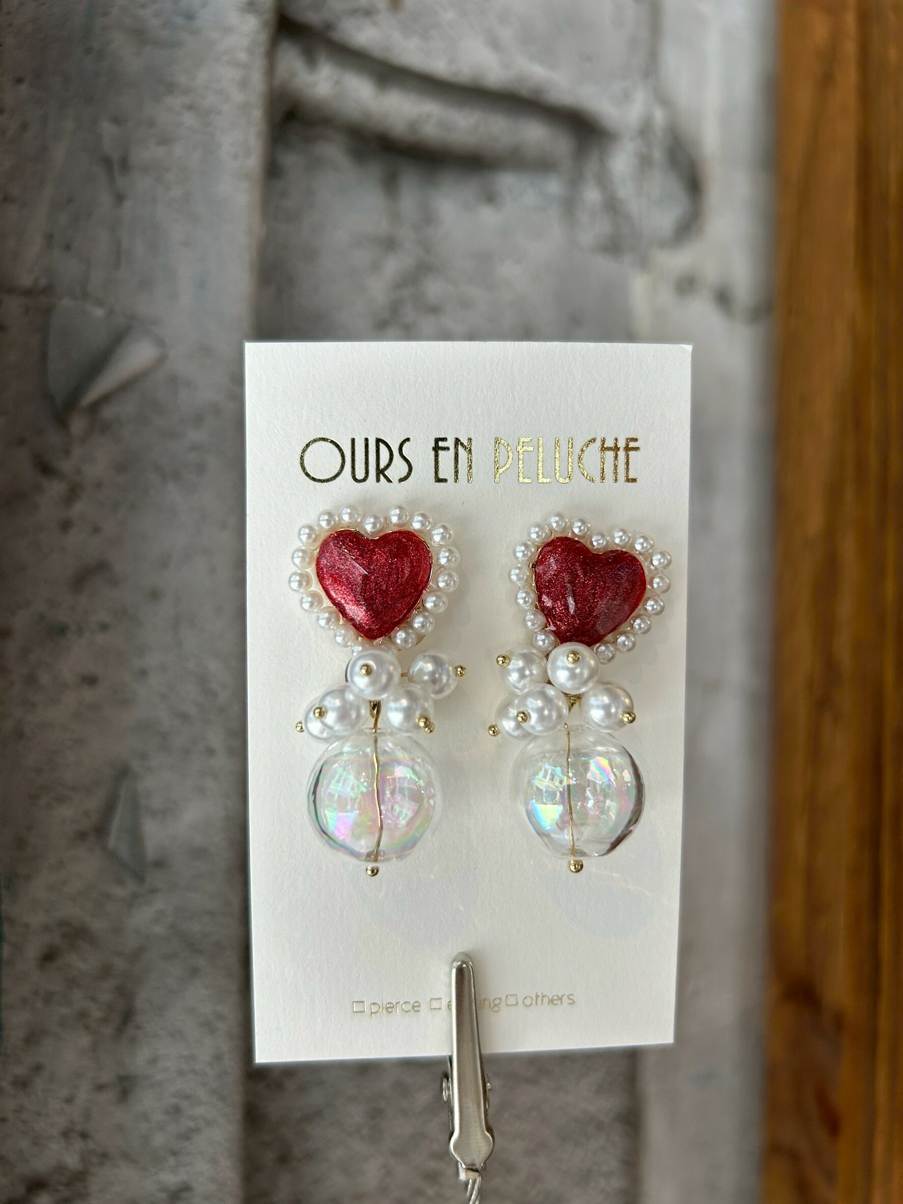 [OURS EN PELUCHE] 泡泡珍珠愛心耳環 | 紅色 | 耳針 | NO.69