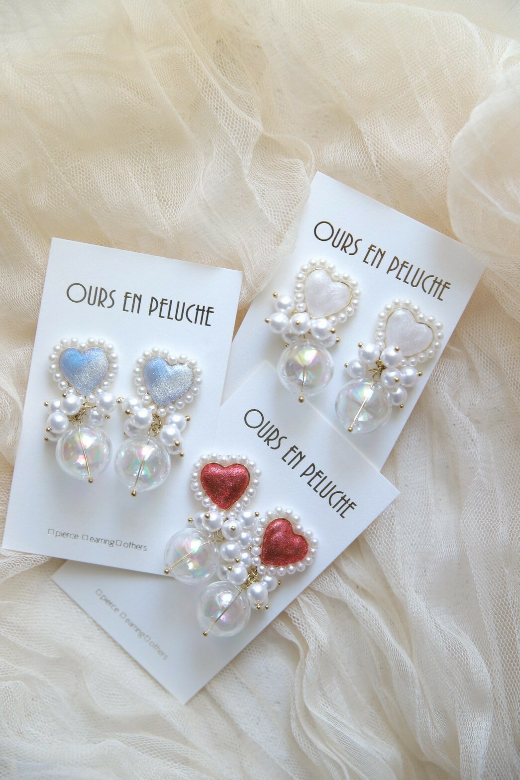 [OURS EN PELUCHE] 泡泡珍珠愛心耳環 | 紅色 | 耳夾 | NO.70