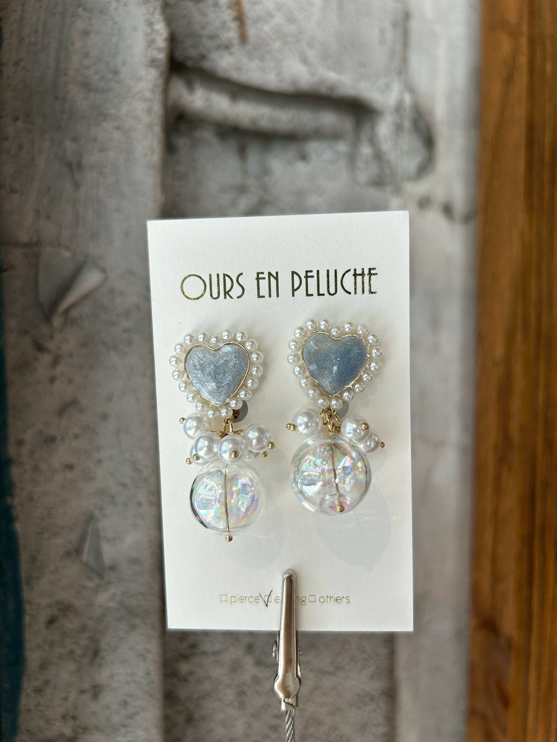 [OURS EN PELUCHE] 泡泡珍珠愛心耳環 | 水藍 | 耳針 | NO.73
