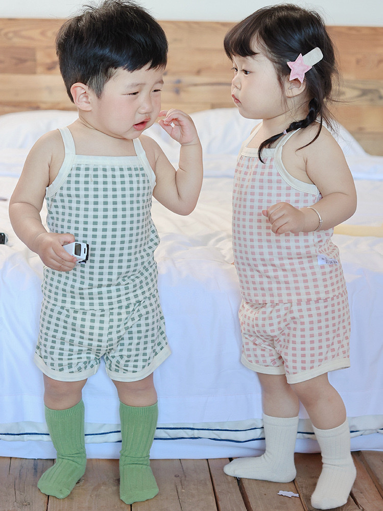 夏季輕薄格紋吊帶套裝