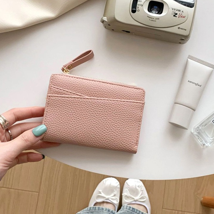 Japanese Mini Litchi-Texture Wallet with Single Zipper