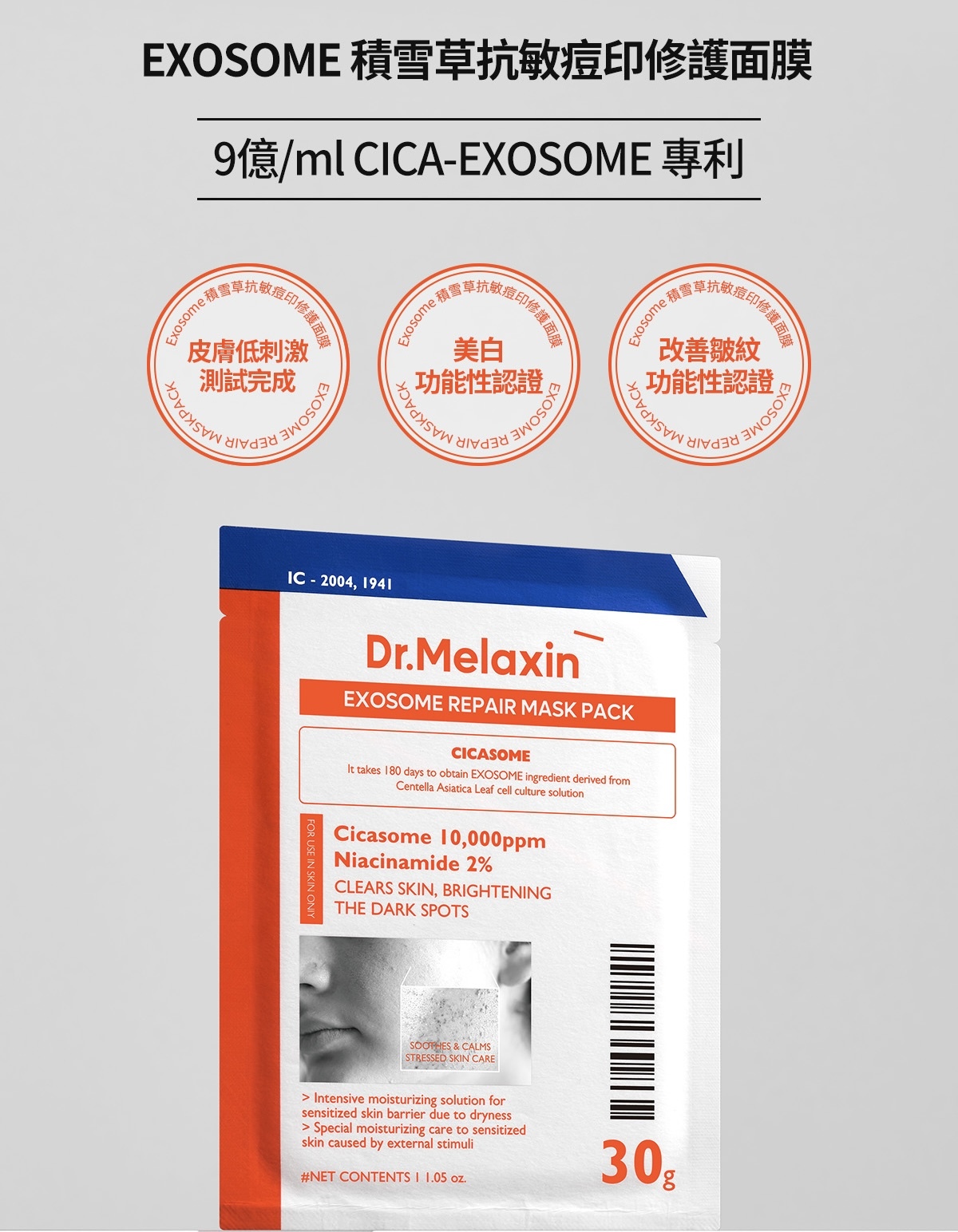 Dr.Melaxin EXOSOME積雪草抗敏痘印修護面膜(一盒5片)