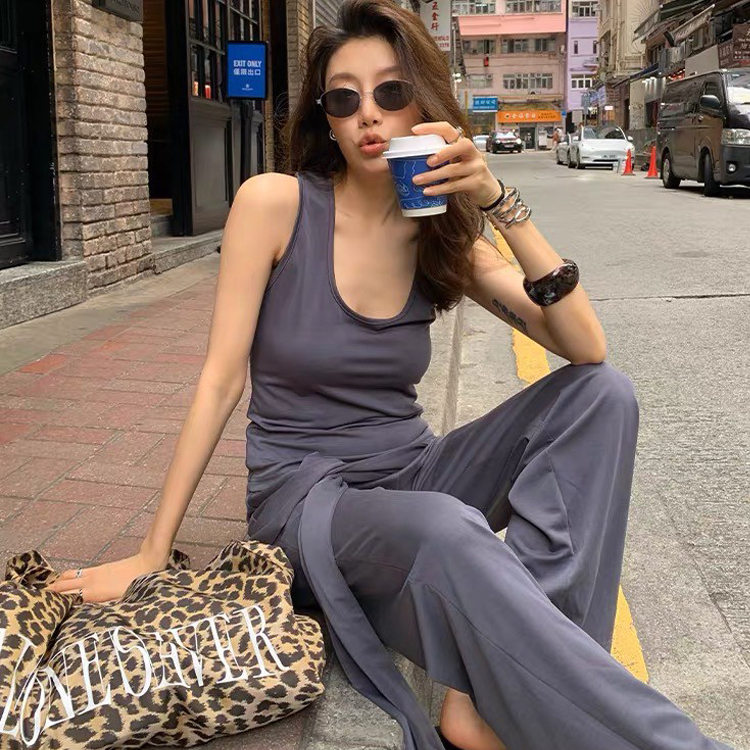 簡約圓領背心+綁帶造型長褲SET-S-L / 2色 (Elegant & Love)