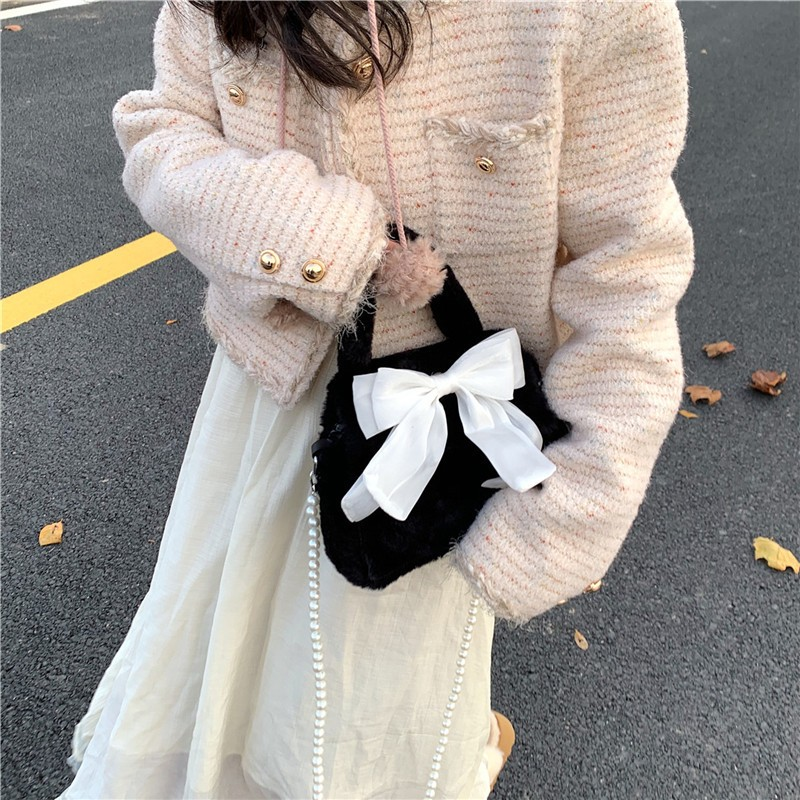 Fuzzy Bow Pearl Handle Crossbody Bag