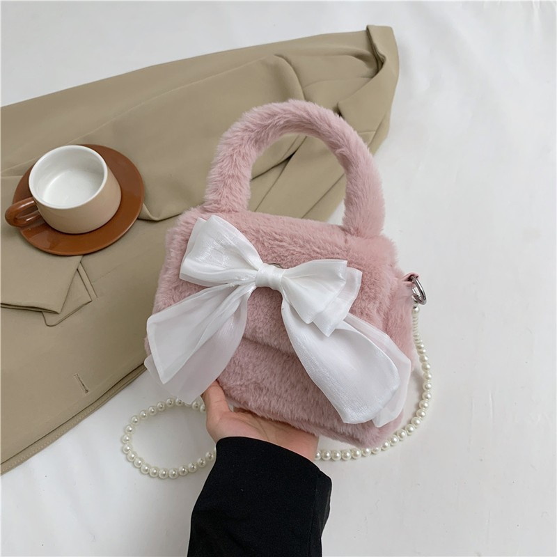 Fuzzy Bow Pearl Handle Crossbody Bag