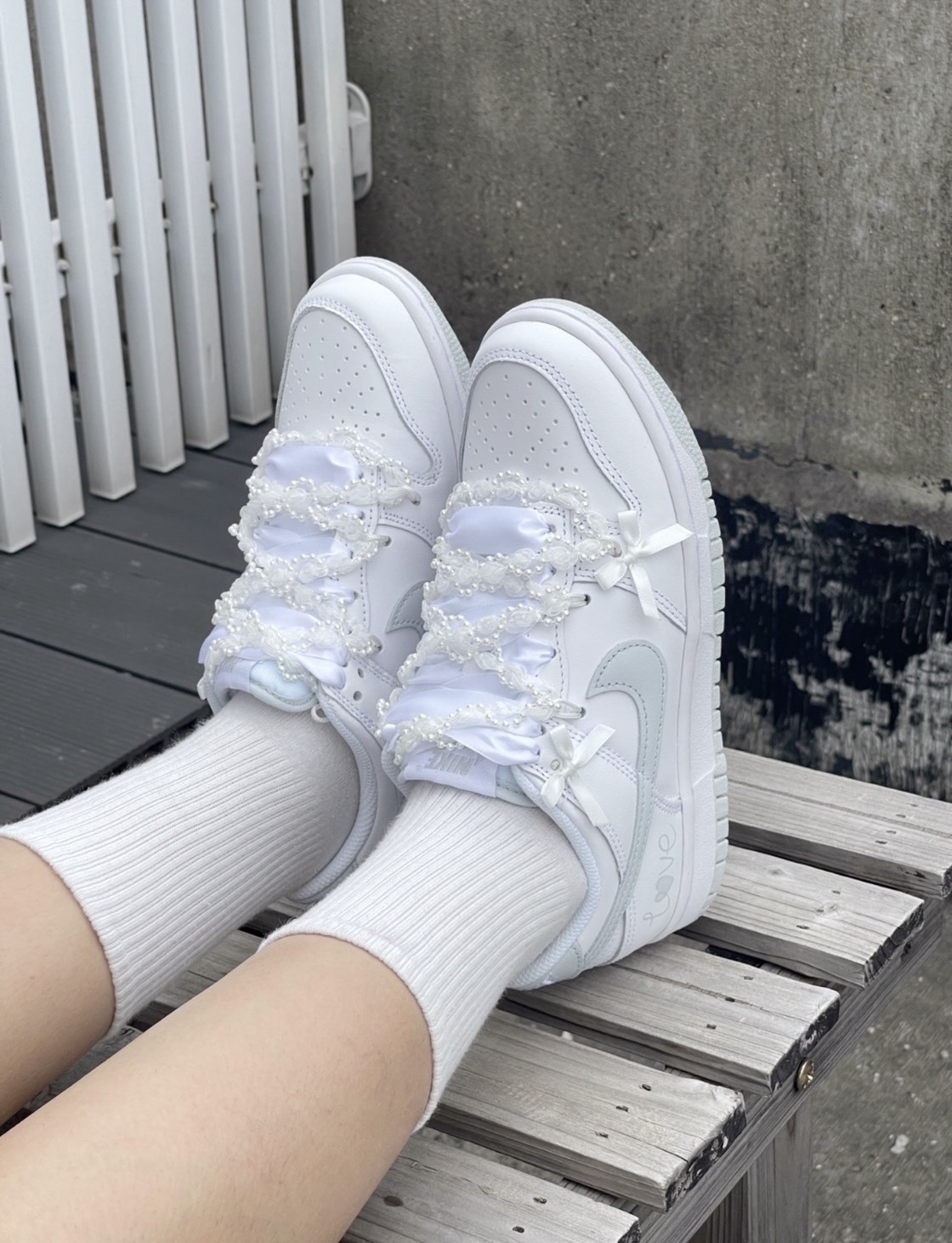 【訂製鞋款】Nike Dunk Low 純愛芭蕾 蝴蝶結 白灰 蕾絲花邊綁帶 DH9765102(Team47)