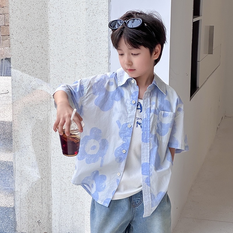 藍色花朵水洗棉上衣