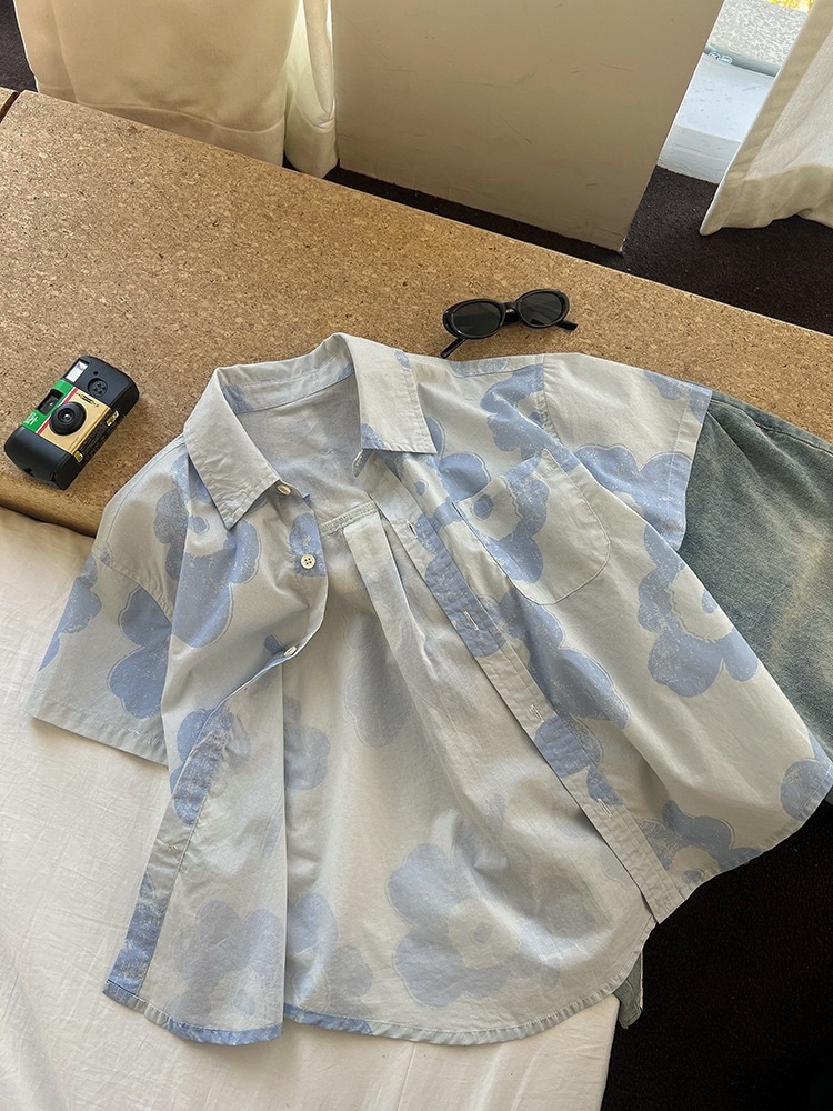 藍色花朵水洗棉上衣