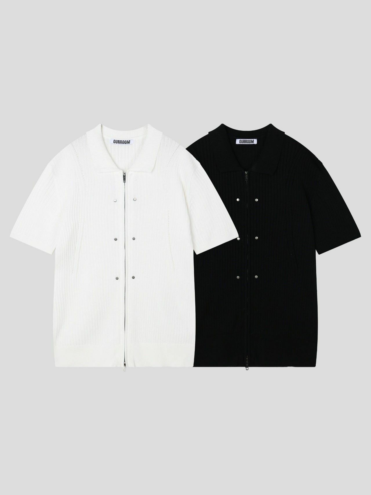 淨色反領暗紋拉鍊針織短袖外套 OUR ROOM-088JK