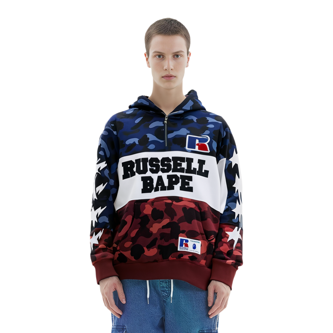 【代購】A BATHING APE X Russell Color Camo Ape Half Zip Pullover Hoodie