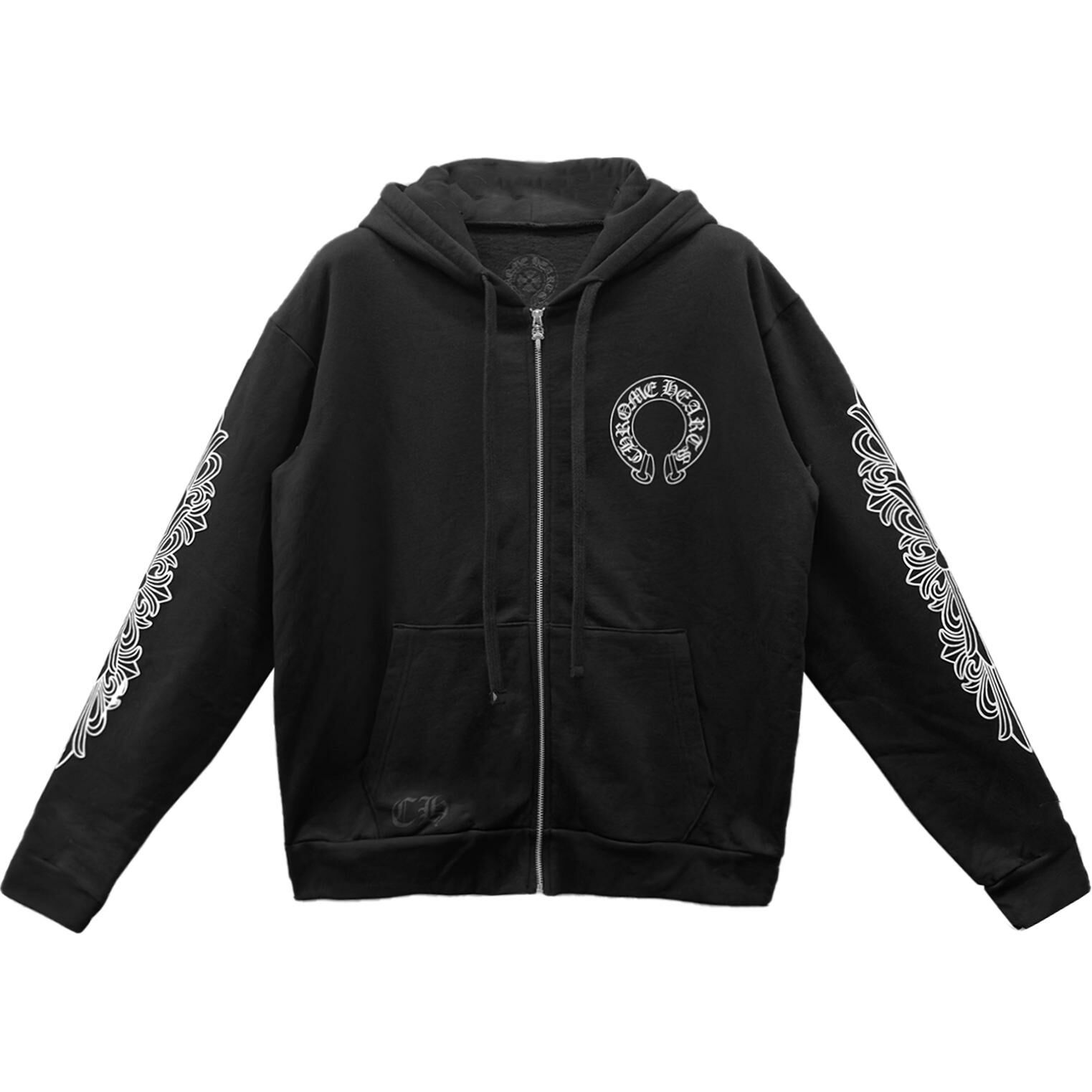 【代購】Chrome Hearts Horseshoe Floral Cross Sleeve Zip Up Hoodie