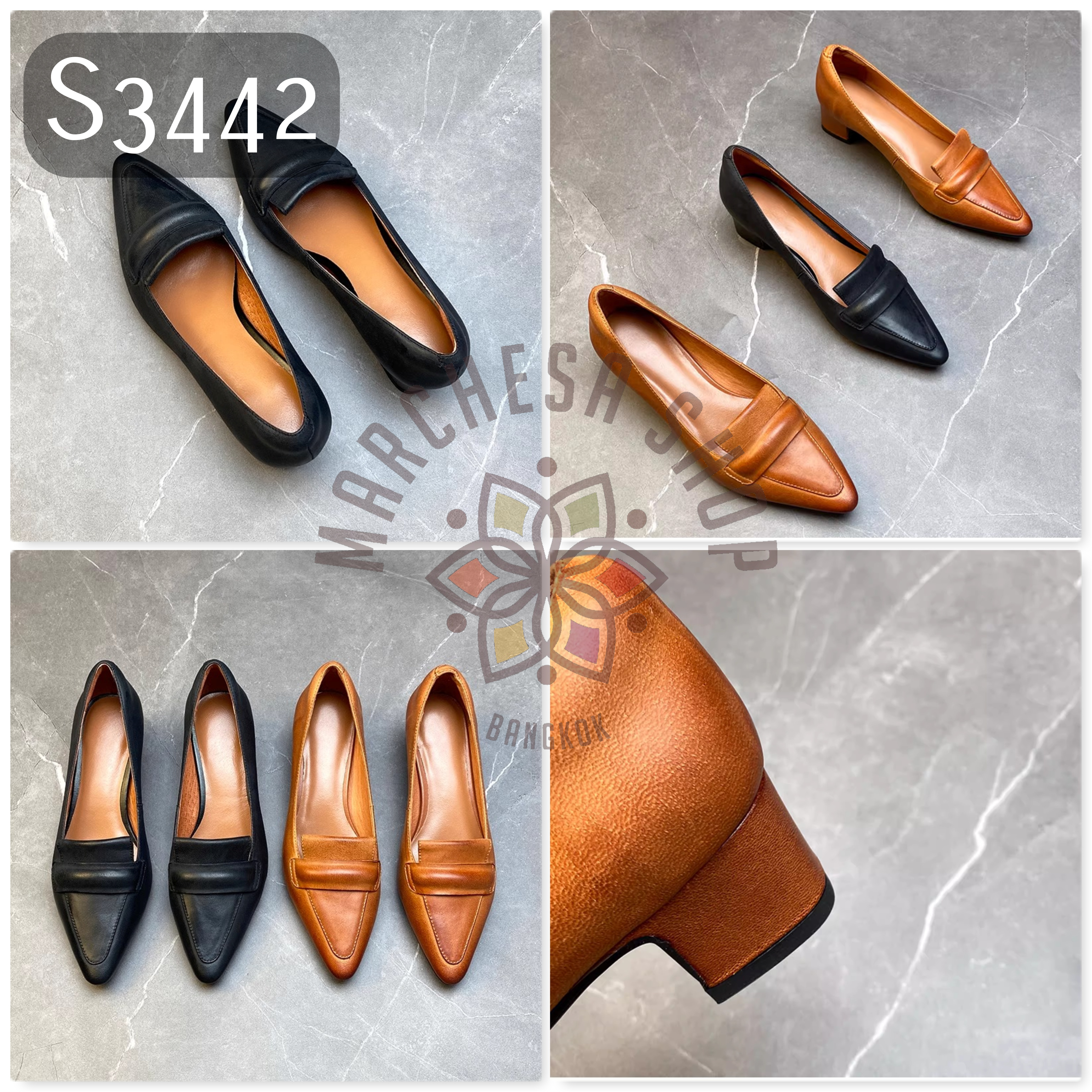 S3442 - 頭層羊仔皮水磨搭帶尖頭高踭鞋