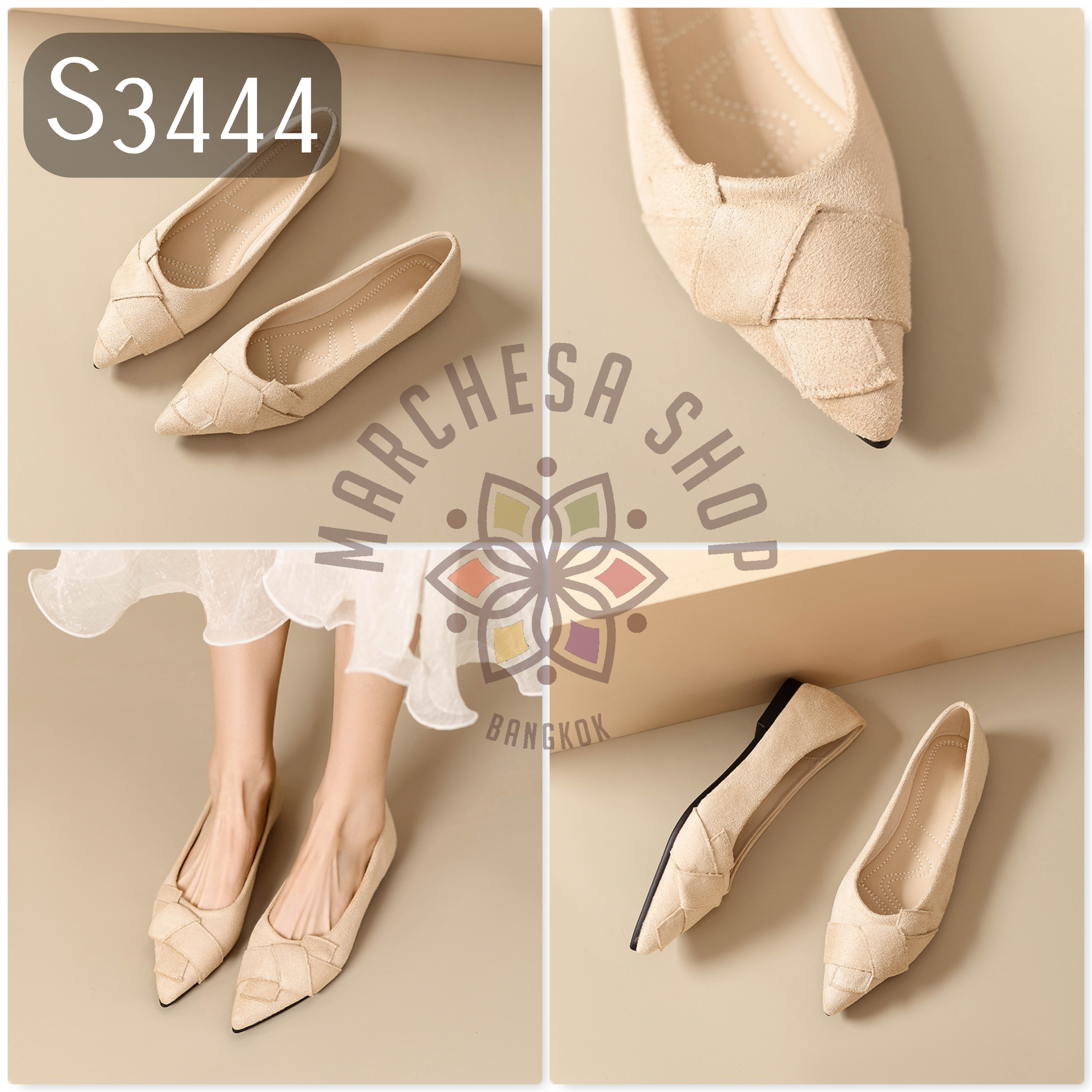 S3444 - 牛猄皮搭帶尖頭平底鞋